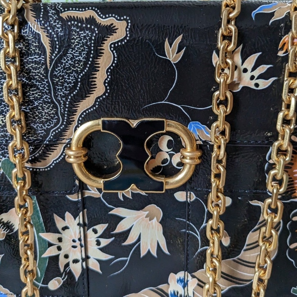 Tory Burch Black Floral Bag with Gold Chain - Picture 6 of 13